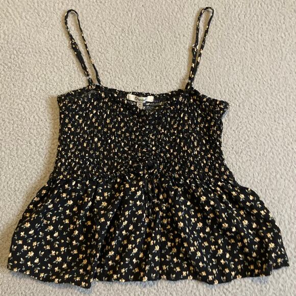 Papaya Tops - Papaya Tank Top Medium Floral Flare Stretch Smocked Black Yellow Cottage Y2K